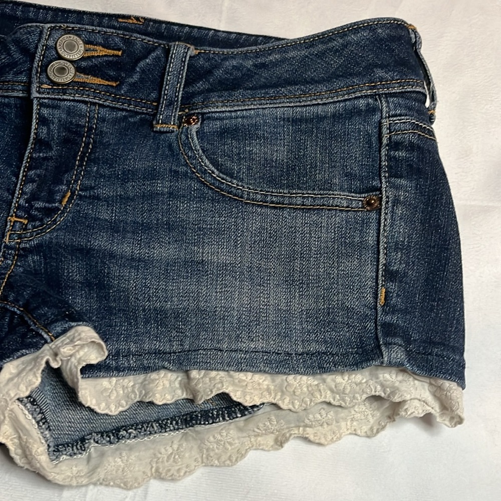 Denim Blue Women's Shorts with Lace Trim - Picture 3 of 7